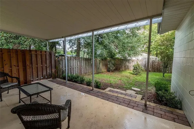 a garden view with a seating space