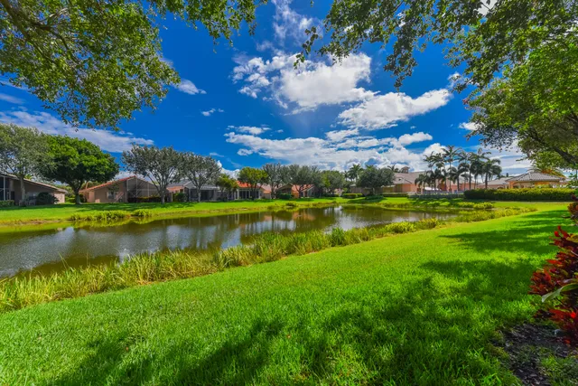a view of a lake with a lot of flower garden