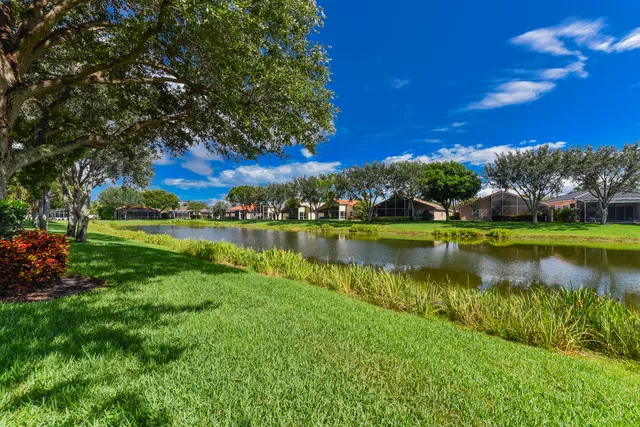 a view of a park with a bench and potted plants