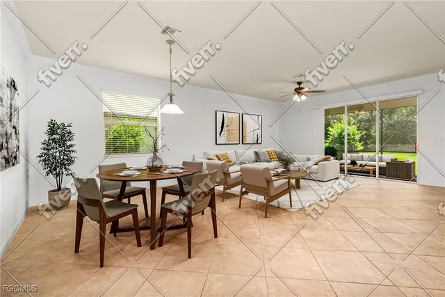 a view of a dining room with furniture window and outside view