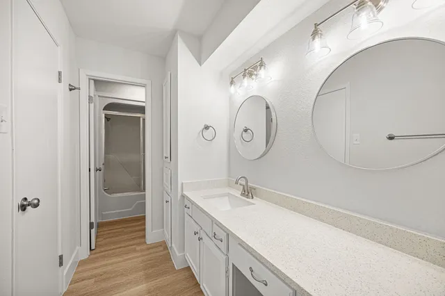 a bathroom with a sink and a mirror