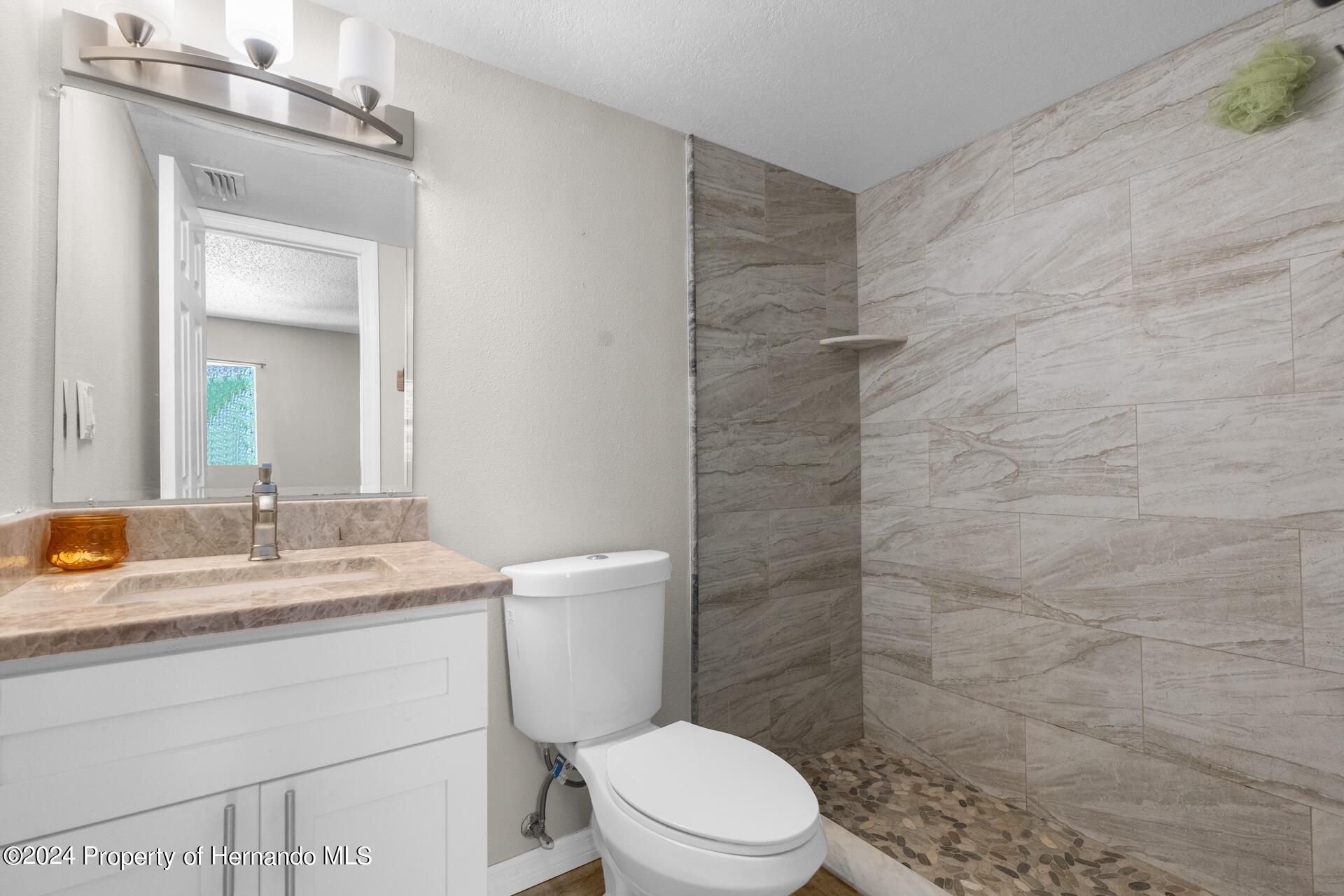 5541 Bay Boulevard Port Richey, FL 34668 - Photo 15 of 22 a bathroom with a granite countertop sink toilet a mirror and shower
