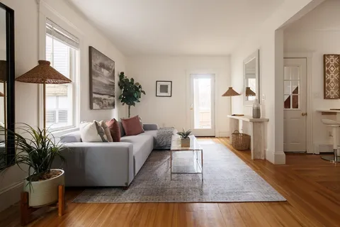 a living room with furniture potted plant and a window