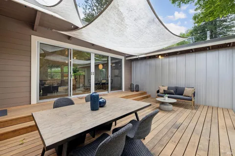 an outdoor space with furniture