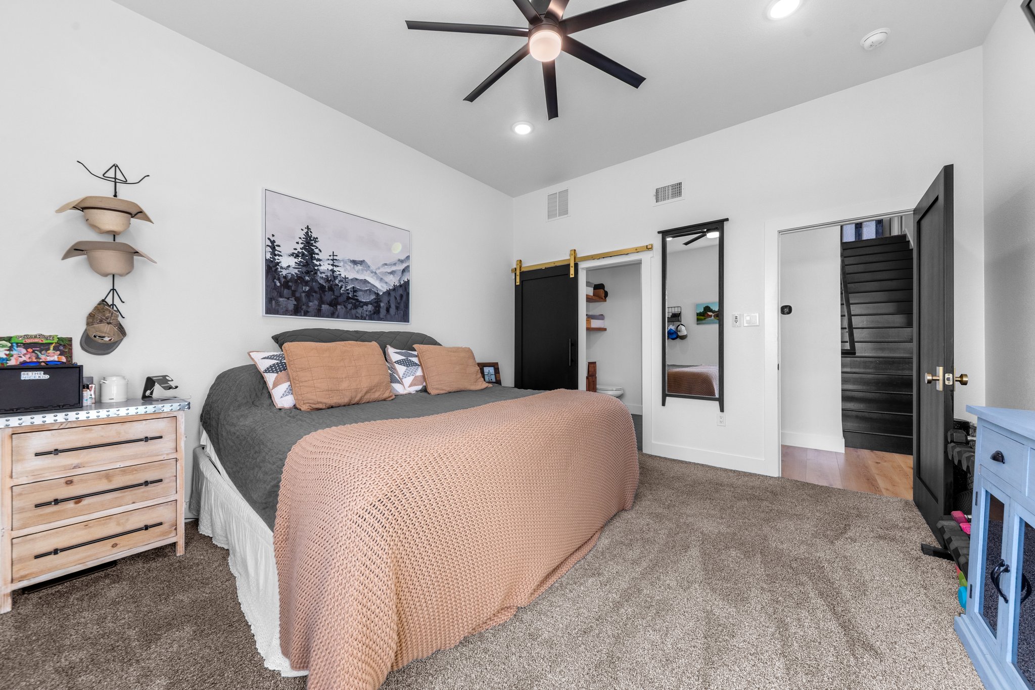 1800 Diamond Ridge Drive Lampasas, TX 76550 - Photo 17 of 40 Bedroom featuring dark colored carpet, a ceiling fan, and recessed lighting