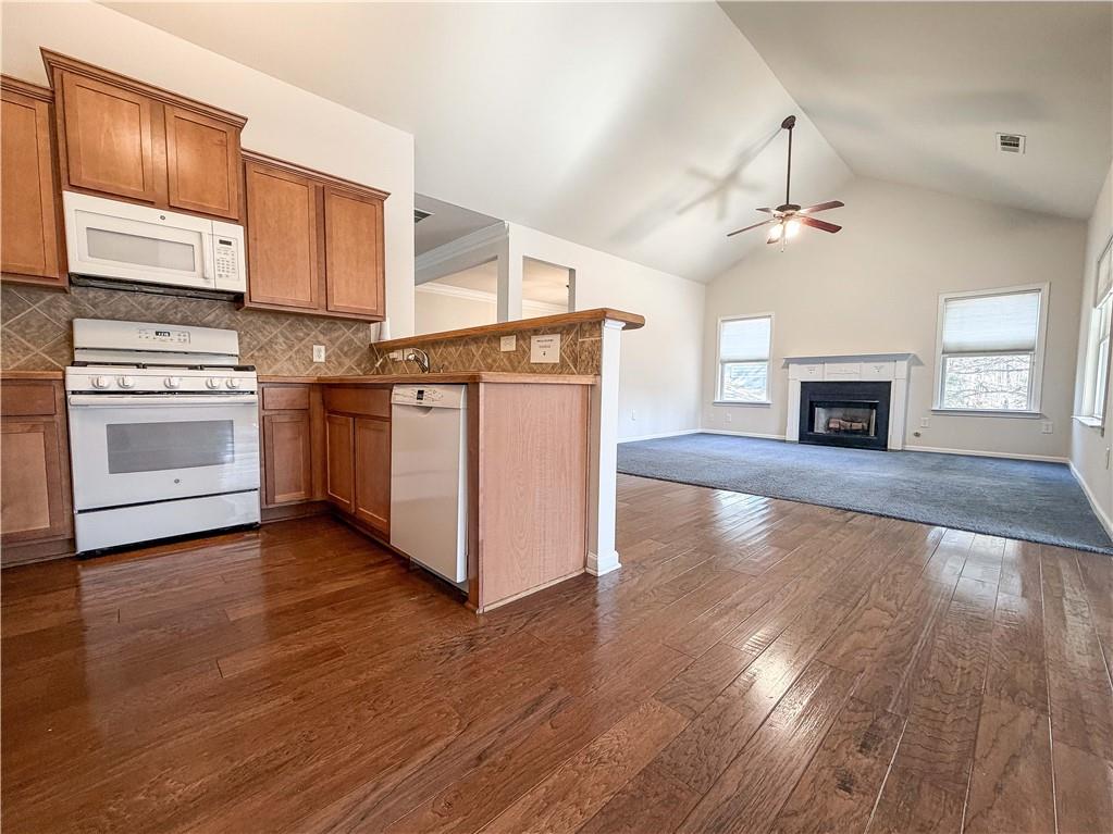 261 Potomac Drive Dallas, GA 30132 - Photo 26 of 76 a kitchen with stainless steel appliances granite countertop a stove top oven a sink and dishwasher with wooden floor