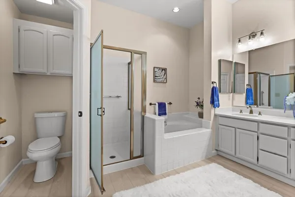 a bathroom with a tub sink toilet and mirror