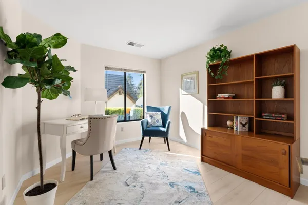a living room with furniture potted plant and a window
