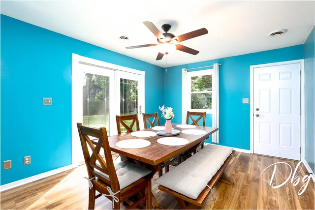 a view of a dining room with furniture window and outside view