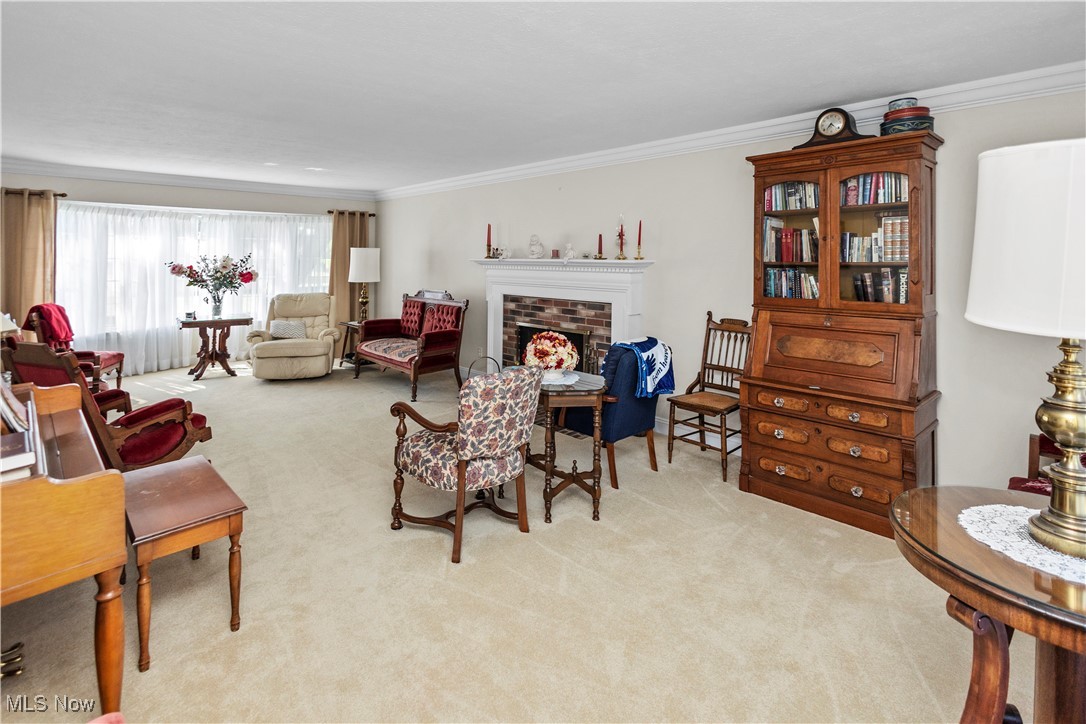 3158 Narrows Road Perry, OH 44081 - Photo 26 of 43 Living room with ornamental molding, a fireplace, and light colored carpet