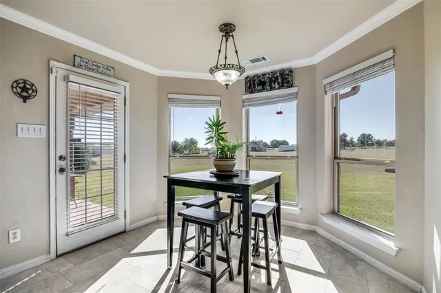 a view of a dining room with furniture window and outside view