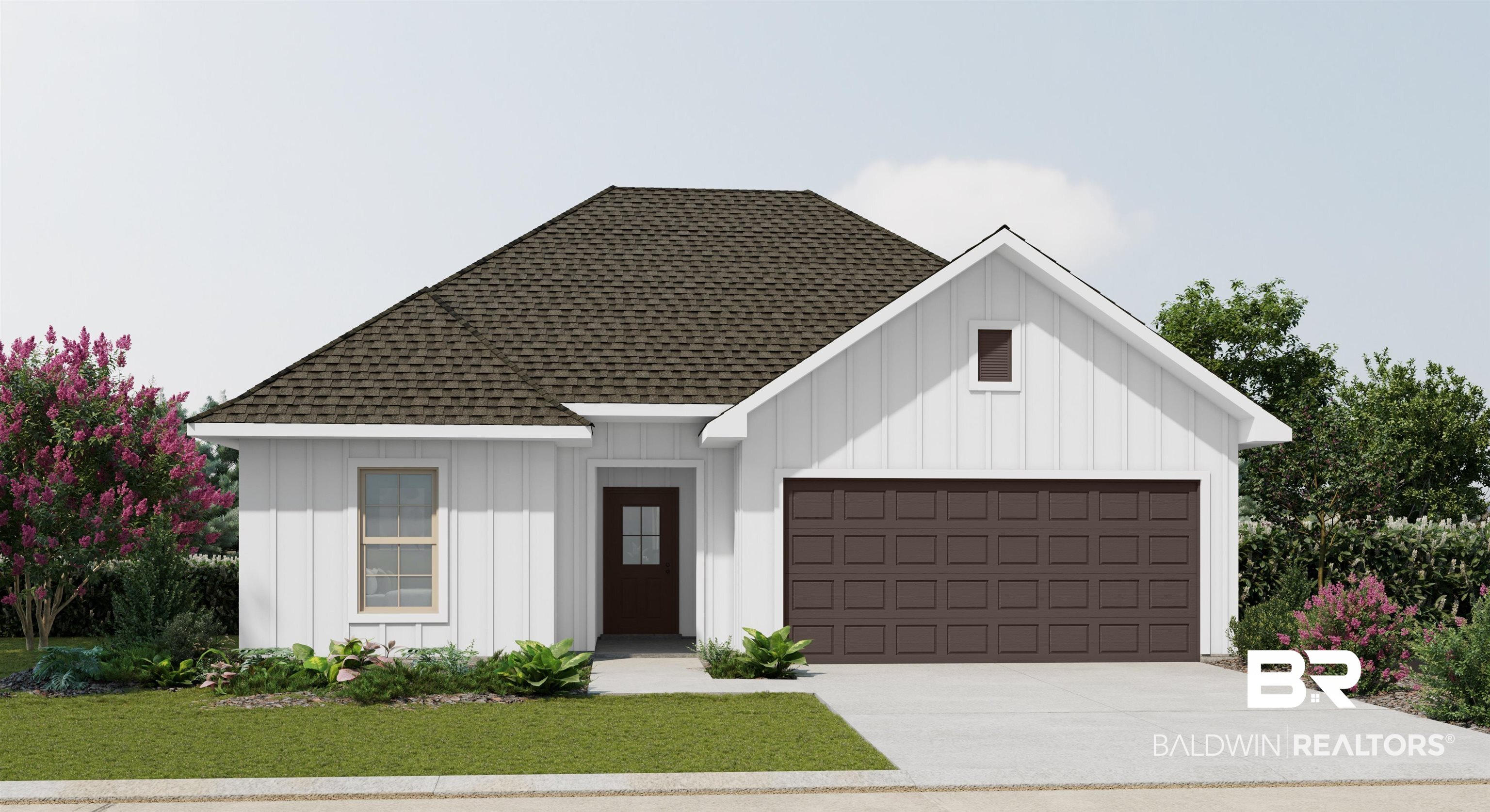11197 Seaglass Circle Foley, AL 36535 - Photo 1 of 2 Single-story residence featuring white board and batten siding, a dark brown asphalt shingle roof, and a two-car garage with a paneled door