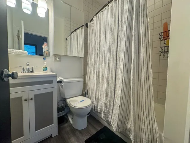 a bathroom with a sink a toilet and shower curtain