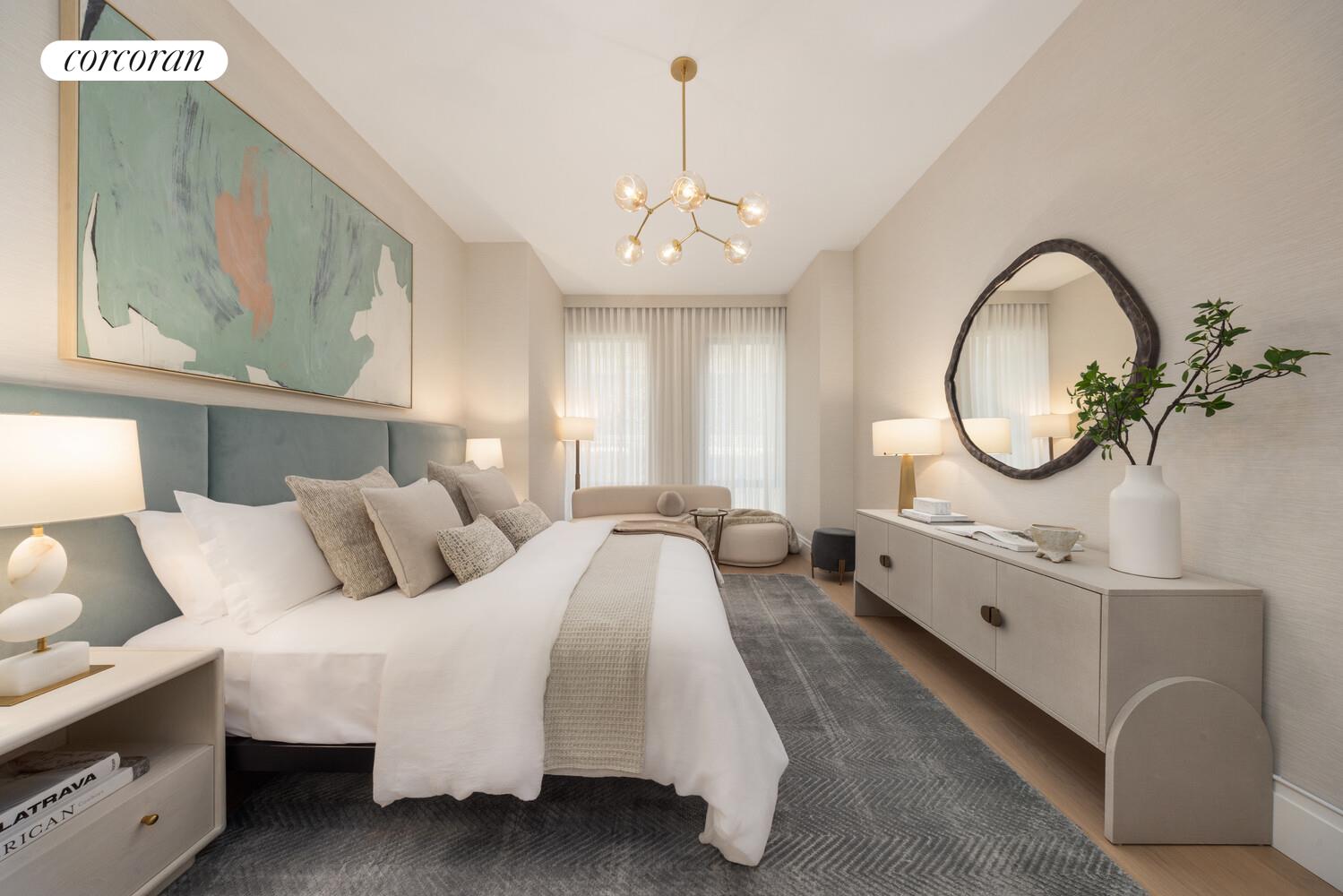 50 West 66th Street, Unit 8B Manhattan, NY 10023 - Photo 8 of 43 a large bed sitting in a room next to a chandelier