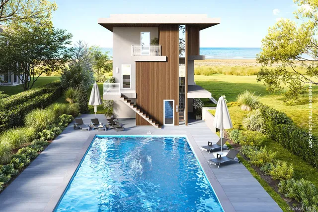 a balcony with table and chairs and potted plants