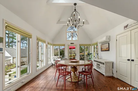 a view of a dining room with furniture window and wooden floor