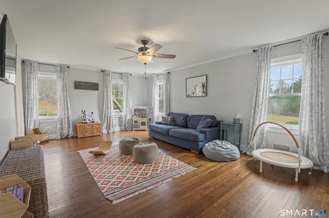 a living room with furniture rug and window