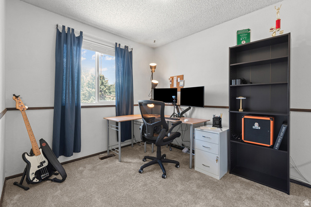 3951 Brixton Road Salt Lake City, UT 84129 - Photo 15 of 22 Carpeted room featuring a single window with blue drapes, a two-tone wall treatment, and a dark built-in shelving unit