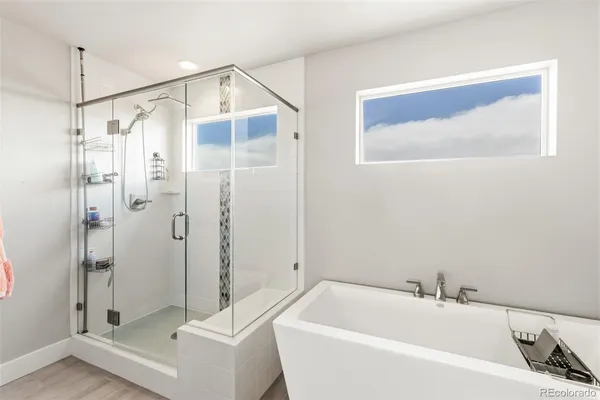 a bathroom with a bathtub and a shower