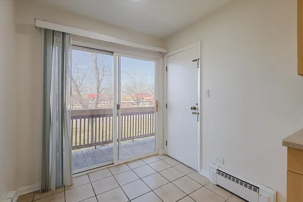 a view of a room with windows