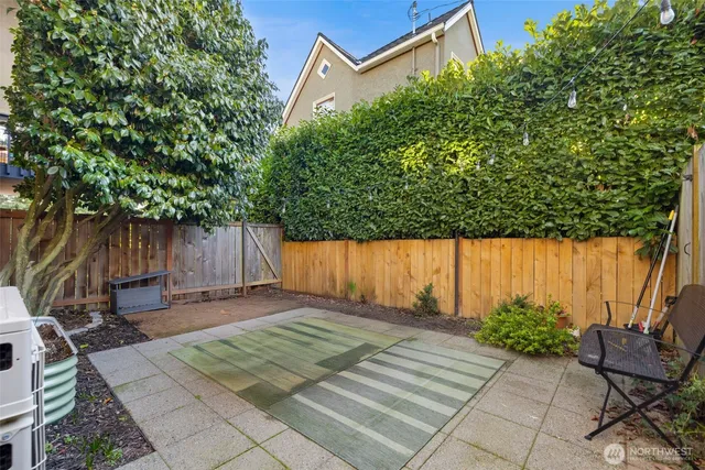 a backyard of a house with table and chairs