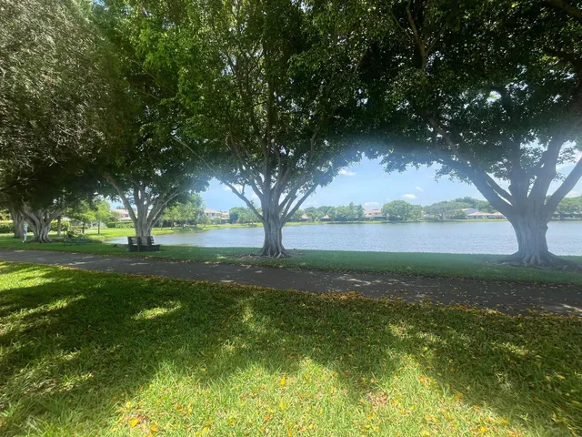 a view of yard with green space and trees