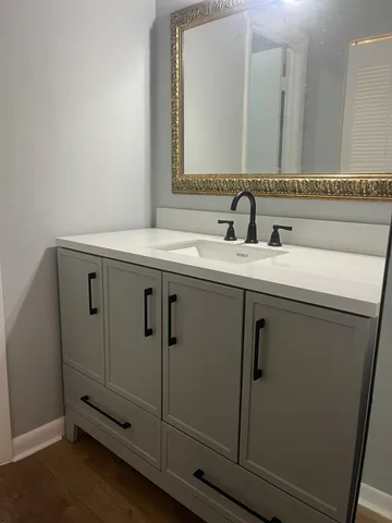 a bathroom with a sink and a mirror