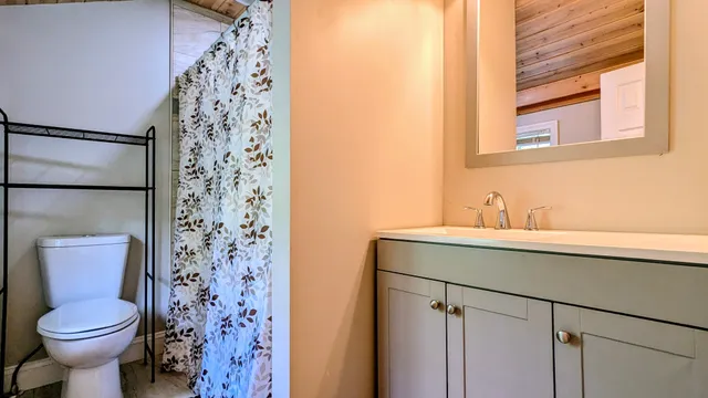 a bathroom with a sink toilet and shower