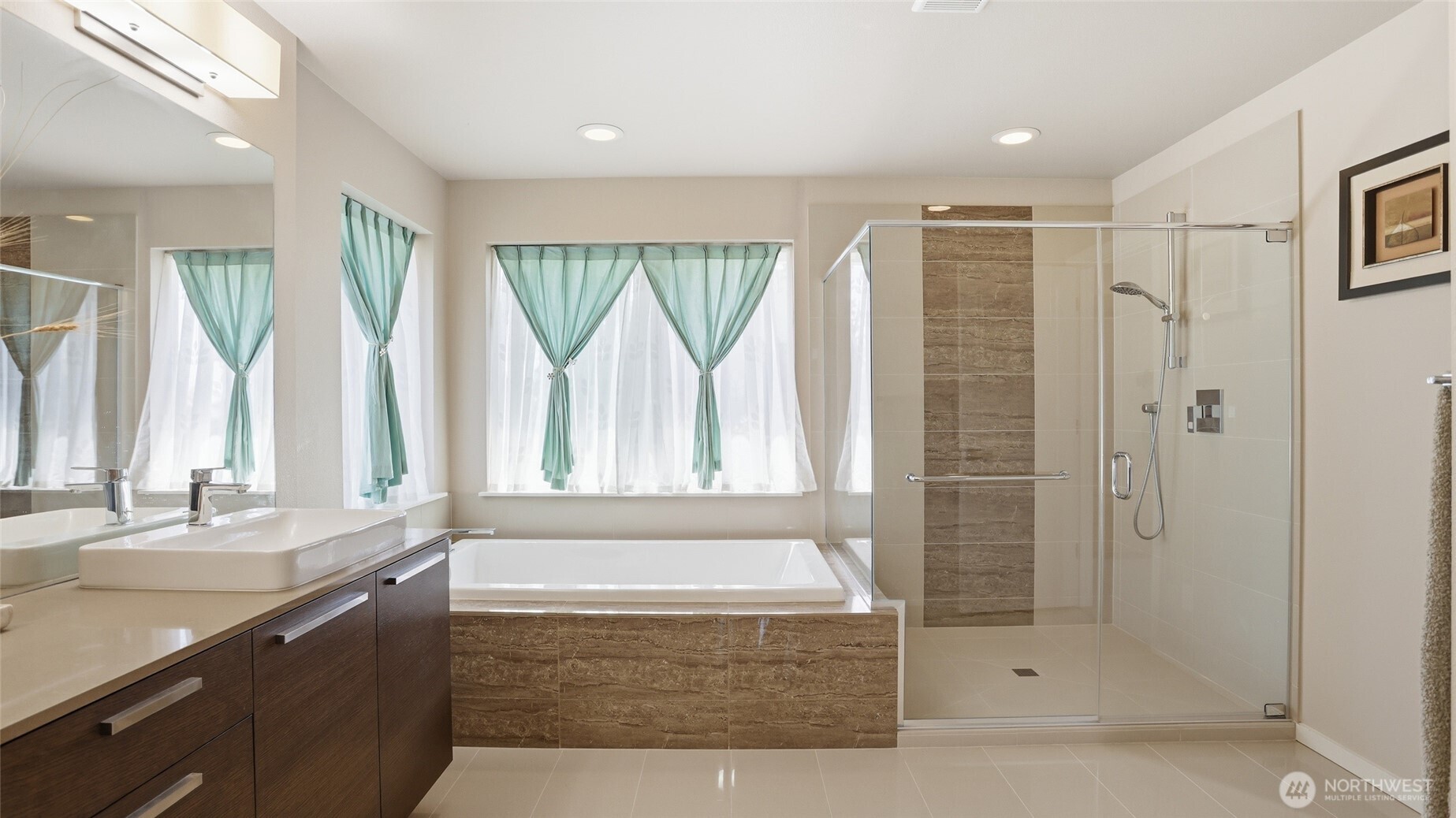 3709 Northeast 24th Street Renton, WA 98056 - Photo 21 of 37 a bathroom with a granite countertop sink a mirror and a shower