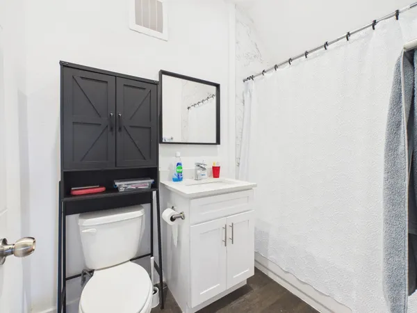 a bathroom with a sink a toilet and a shower curtain