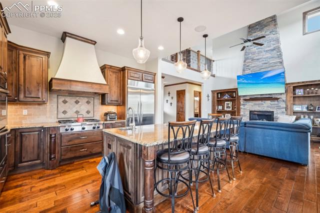 13665 Random Ridge View Colorado Springs, CO 80921 - Photo 18 of 49 Kitchen with appliances with stainless steel finishes, a fireplace, dark wood-type flooring, premium range hood, and a kitchen island with sink