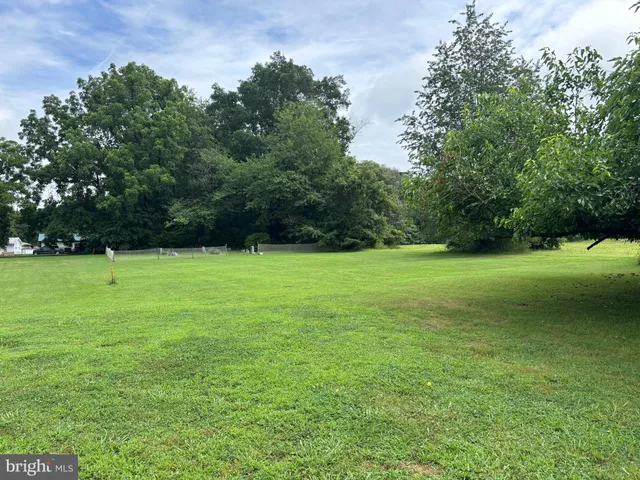 a view of a field with trees in the background