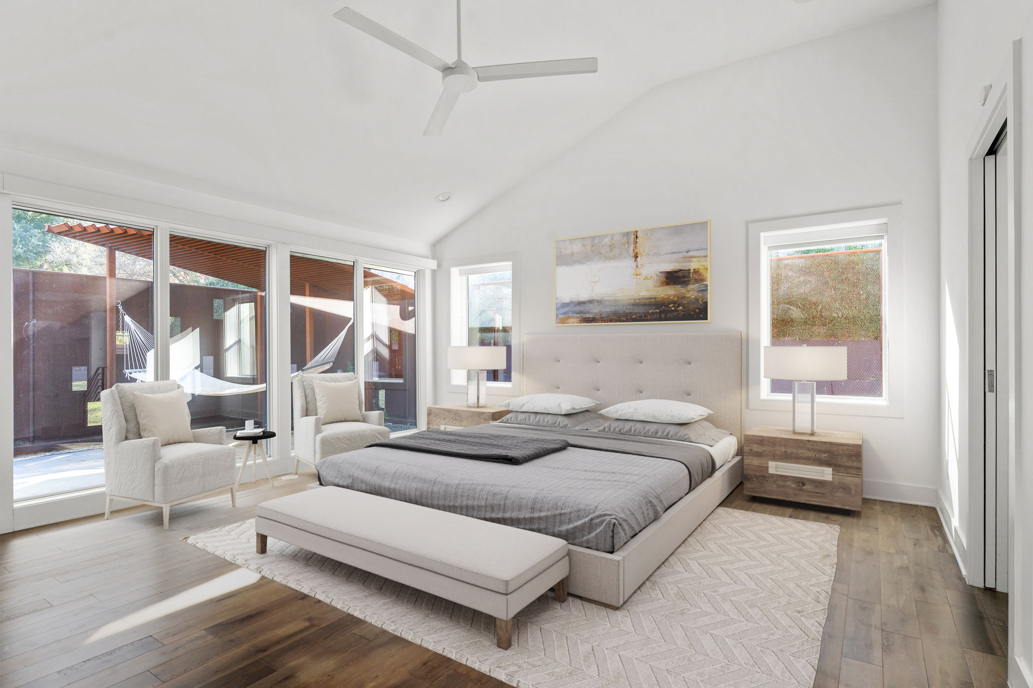 2100 Headwater Lane Austin, TX 78746 - Photo 38 of 39 Bedroom with hardwood / wood-style flooring, a ceiling fan, access to outside, and high vaulted ceiling