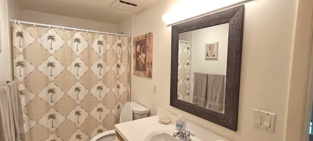 a bathroom with a shower curtain and a sink