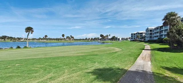 a view of a park with a big yard and potted plants