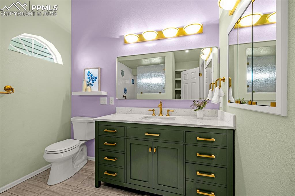 1310 Bison Ridge Drive Colorado Springs, CO 80919 - Photo 18 of 45 a bathroom with a toilet sink vanity and mirror