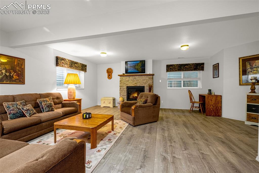 1310 Bison Ridge Drive Colorado Springs, CO 80919 - Photo 29 of 45 a living room with furniture window and a fireplace
