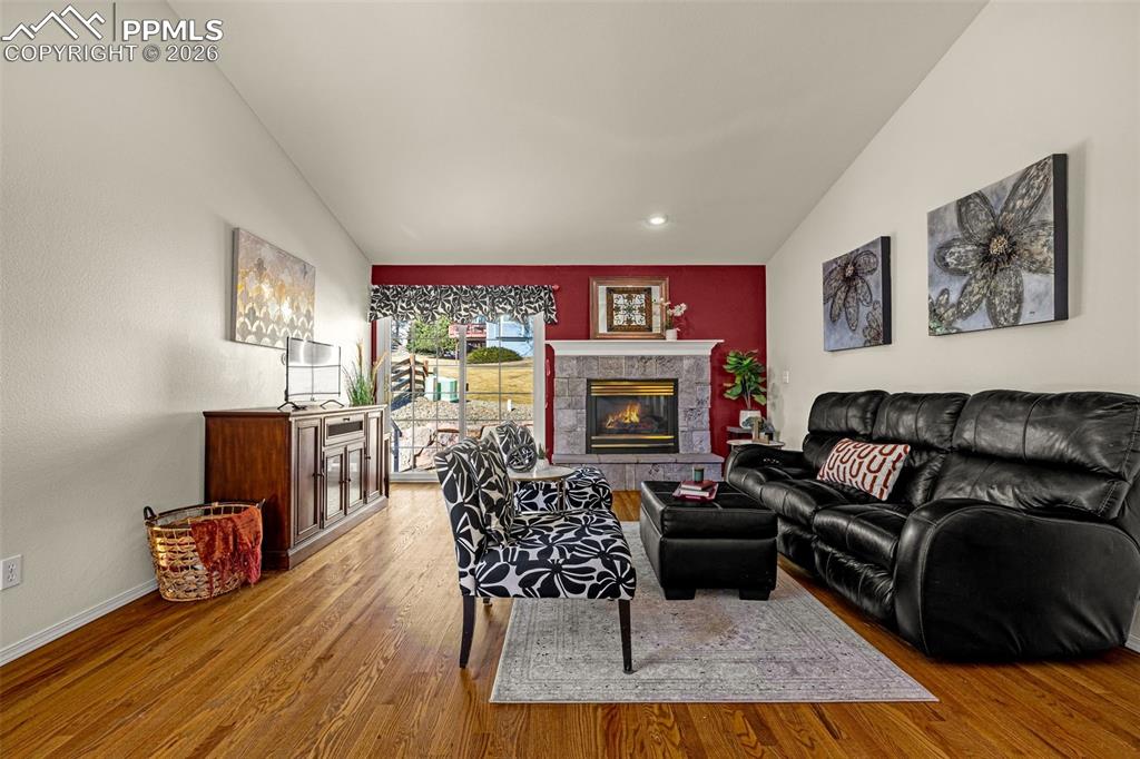 1310 Bison Ridge Drive Colorado Springs, CO 80919 - Photo 5 of 45 a living room with furniture a flat screen tv and a fireplace