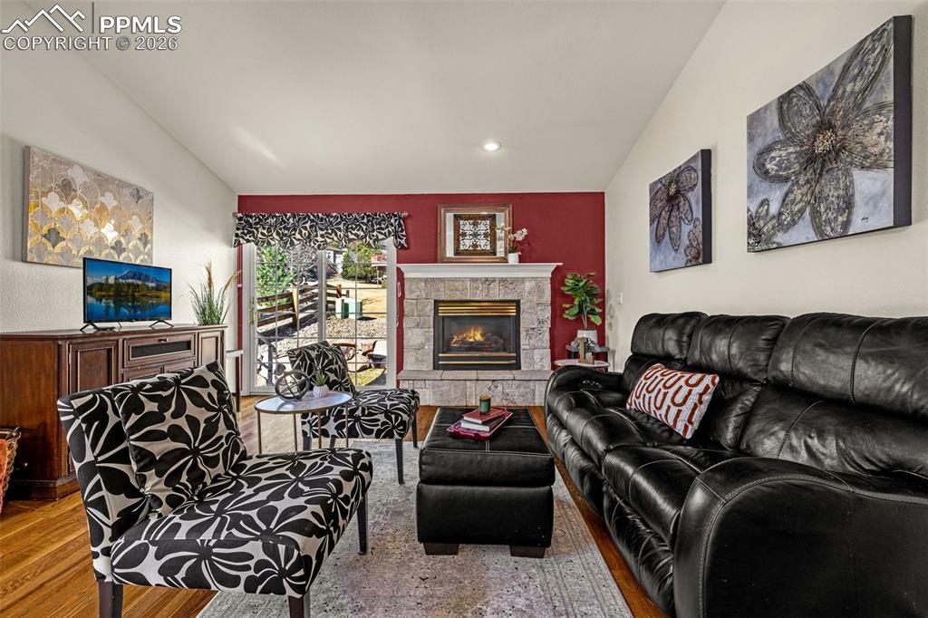 1310 Bison Ridge Drive Colorado Springs, CO 80919 - Photo 6 of 45 a living room with furniture a flat screen tv and a fireplace