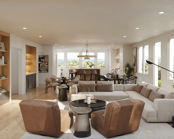 a living room with fireplace furniture and a large window
