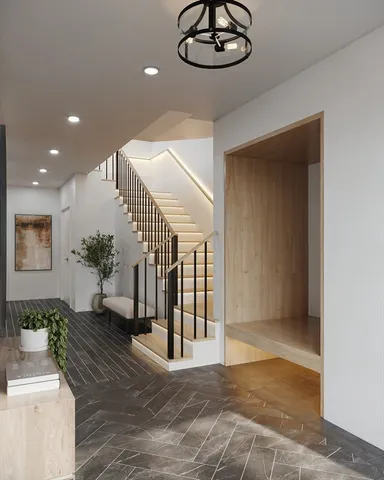 a view of a hallway with wooden floor and chandelier