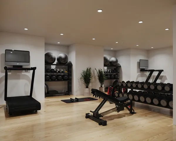 a living room with gym equipment and kitchen view