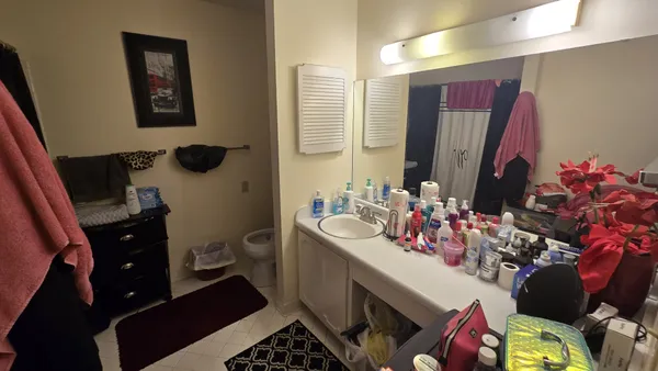a bathroom with a sink mirror and toilet