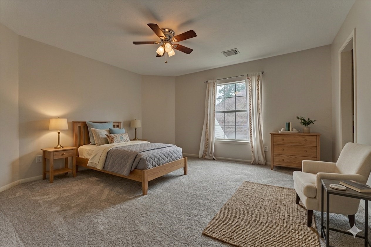 16707 Avenfield Road Tomball, TX 77377 - Photo 27 of 50 a spacious bedroom with a bed a chair and potted plant on the dresser