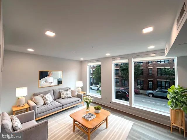a living room with furniture and a potted plant