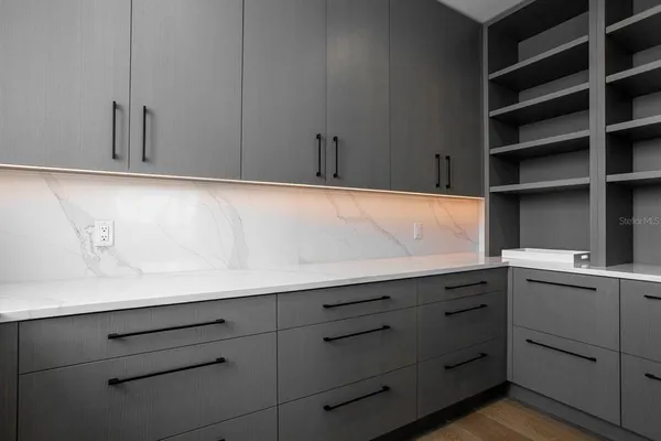a kitchen with a sink and potted plant
