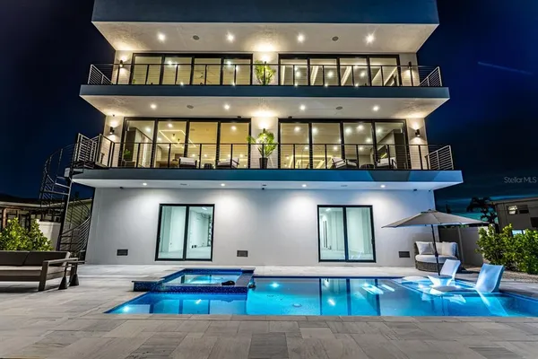 a view of a city with lawn chairs