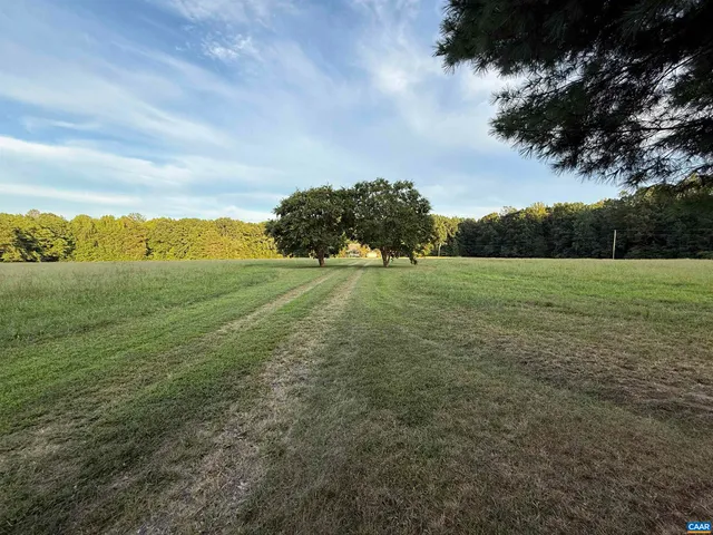 a view of a field with an trees