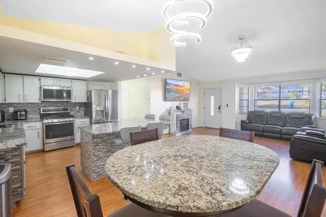 a view of a kitchen and dining area
