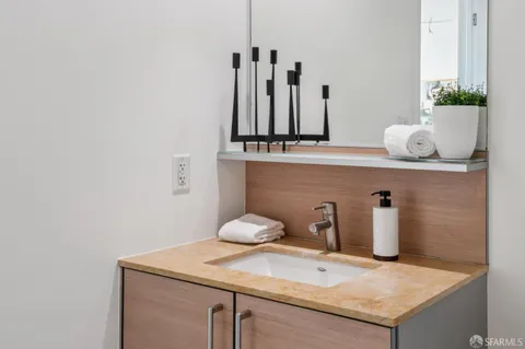 a bathroom with a granite countertop sink and a potted plant